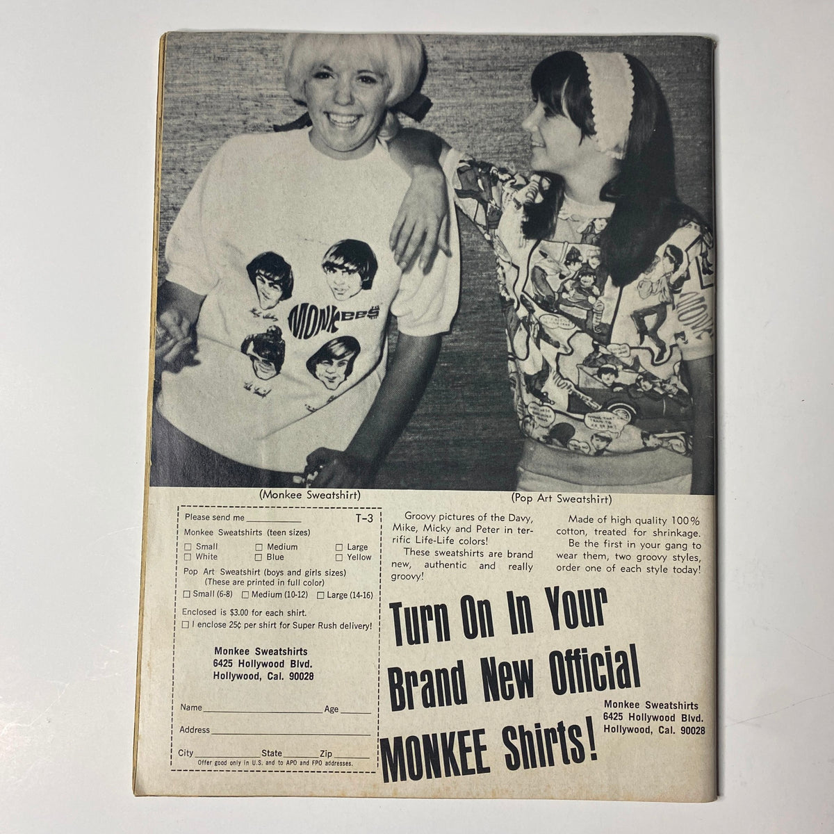 Ad page from Teen Screen Magazine March 1968 showcasing official Monkee shirts and merchandise.