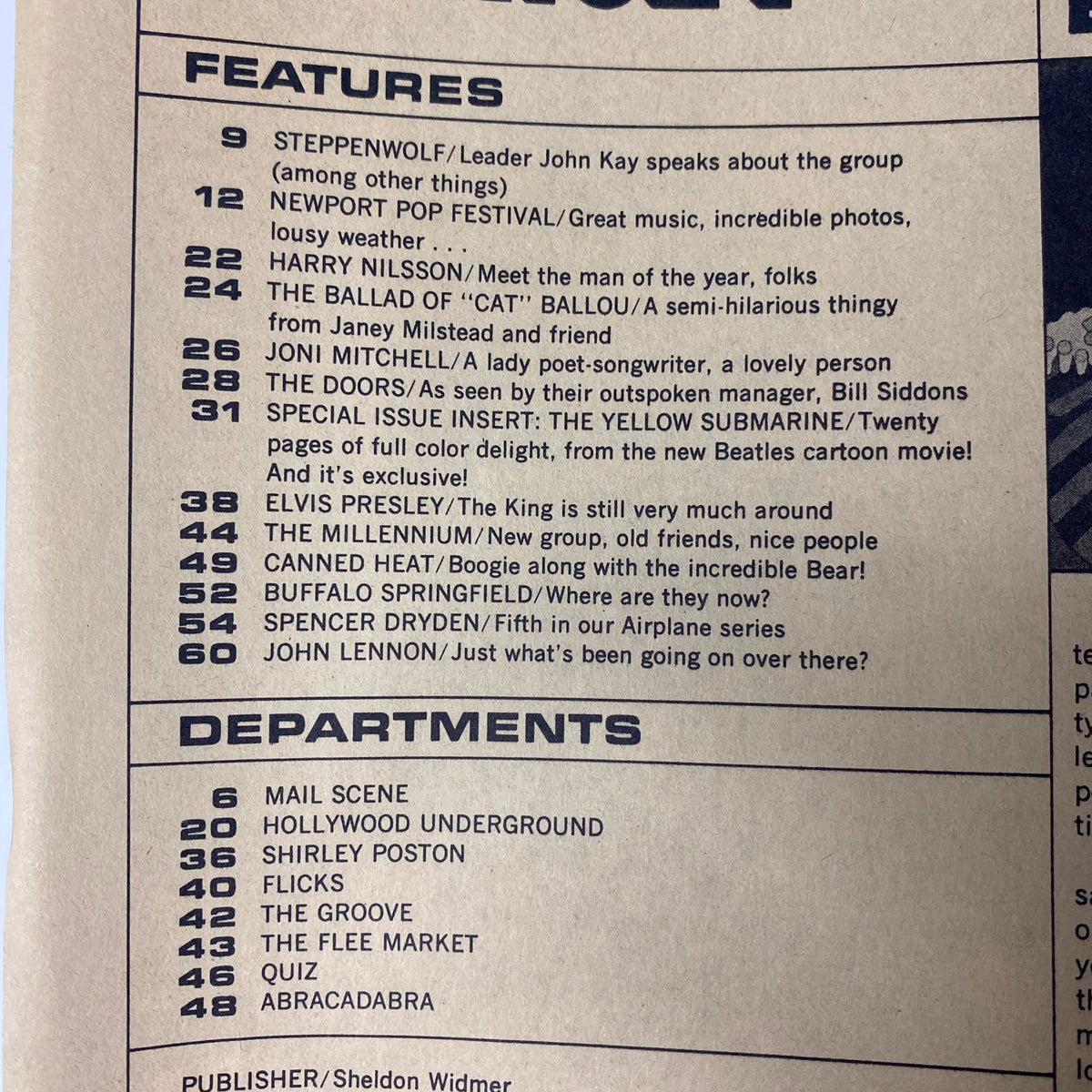 Table of contents page from Teen Set Magazine 1968 The Beatles Special, listing features like The Doors, Steppenwolf, and the special Yellow Submarine insert.