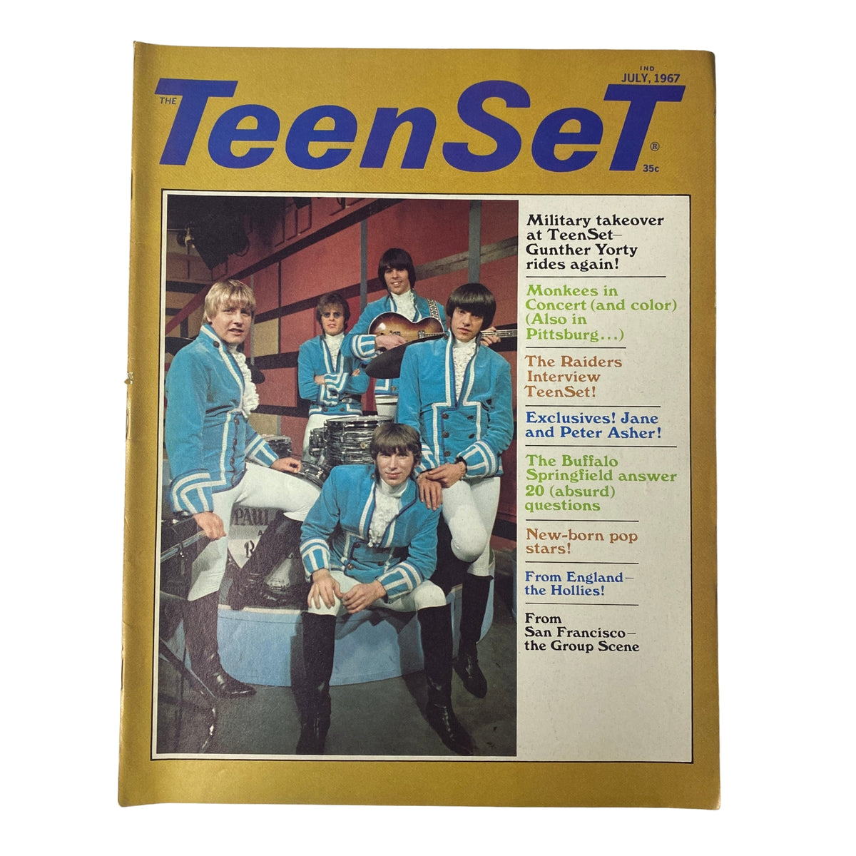 TeenSet Magazine July 1967 cover featuring The Monkees in vibrant blue outfits, highlighting pop culture and music trends of the time.