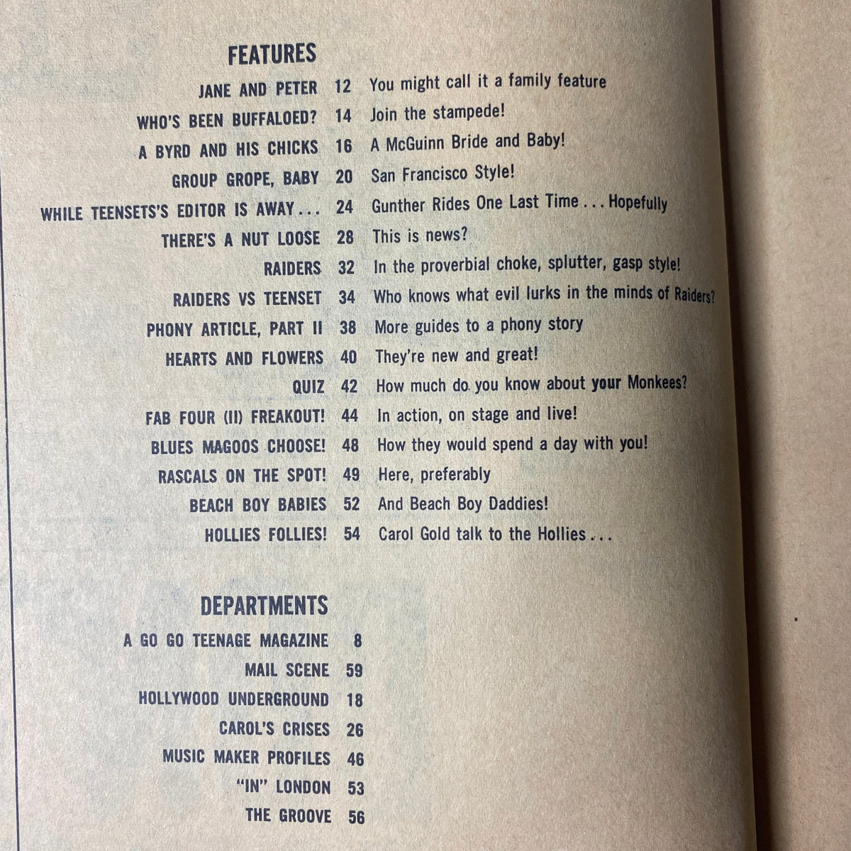 Table of contents from Teen Set Magazine July 1967 featuring articles on The Monkees, Buffalo Springfield, and more.