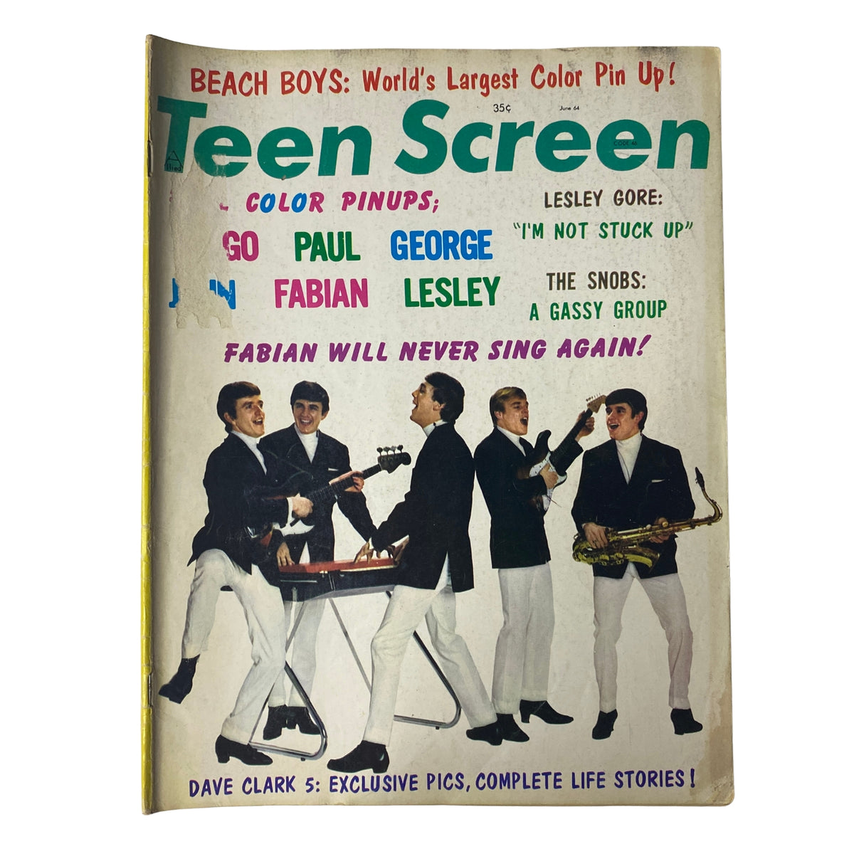 Cover of Teen Screen Magazine June 1964 featuring The Beach Boys and The Beatles with colorful pin-ups and headlines including 'Fabian Will Never Sing Again!' and 'Go Paul, George, and Fabian.'