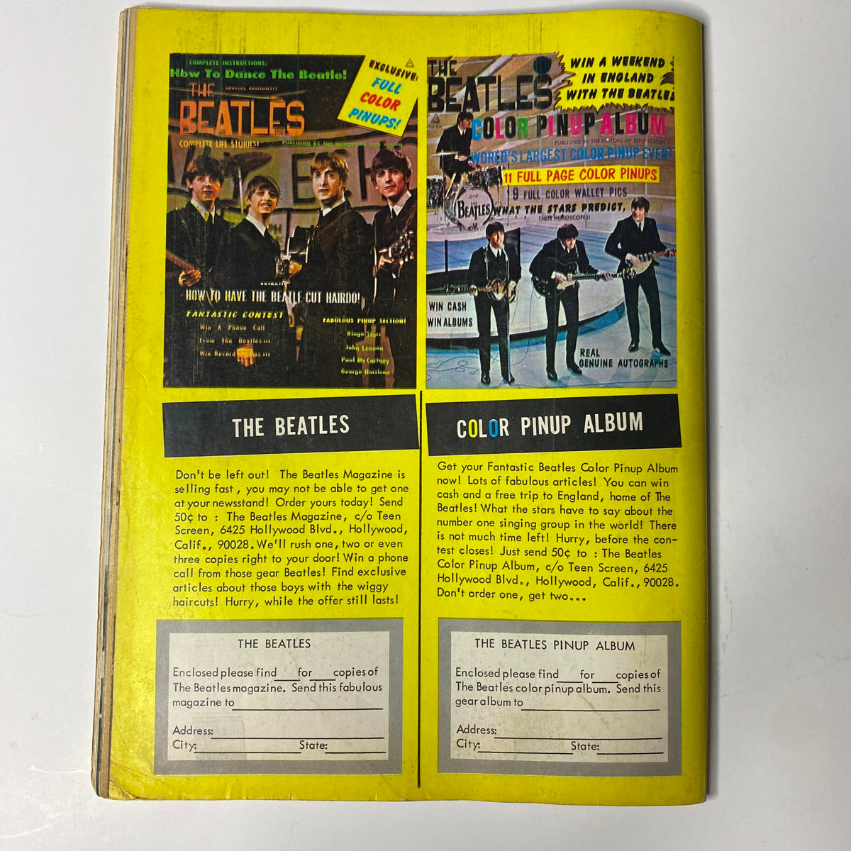 Cover of Teen Screen Magazine from June 1964 featuring The Beach Boys and The Beatles with full-color pin-up visuals. The vibrant design captures the essence of 1960s pop culture, showcasing iconic music groups at their peak, perfect for collectors of vintage magazines.