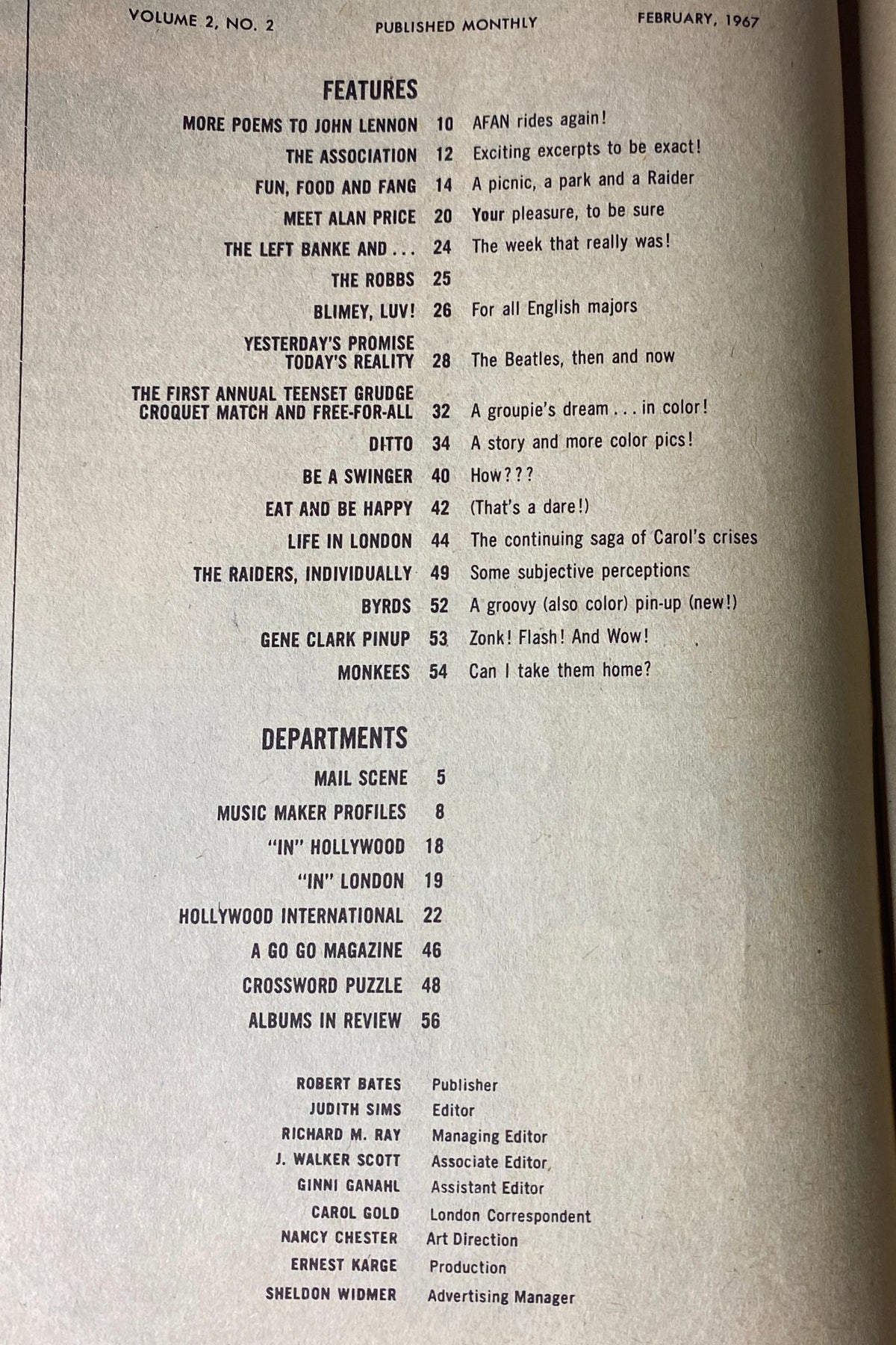 Contents page of TeenSet Magazine February 1967, listing featured articles such as fan tributes, music profiles, and insights into popular bands, emphasizing the magazine's role in 1960s teen pop culture.