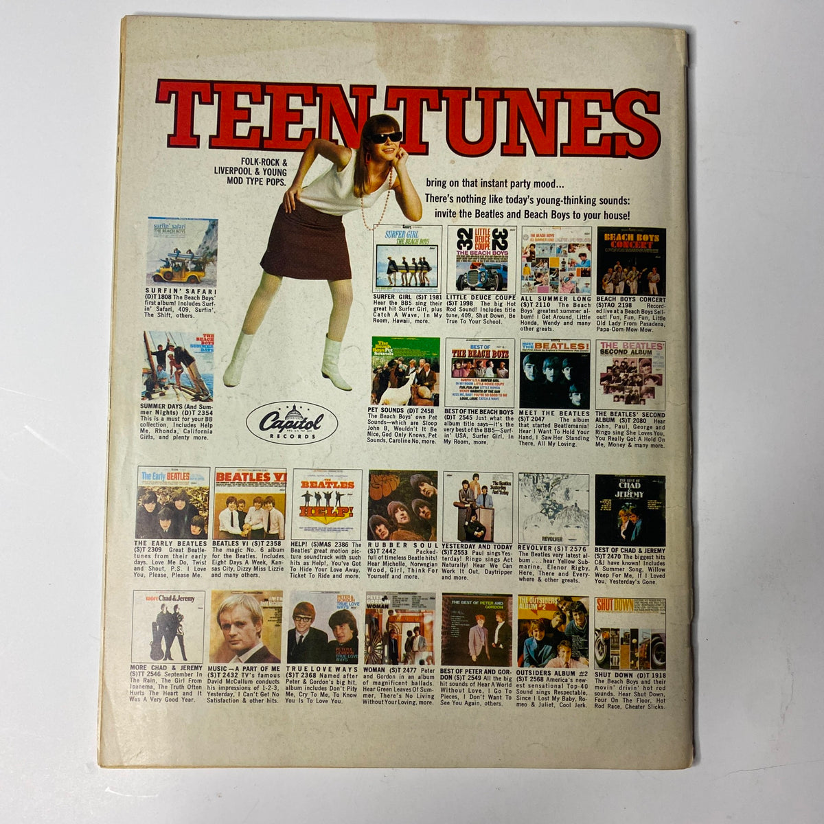 Back cover of TeenSet Magazine February 1967, promoting music and film titles, with a catchy tagline inviting readers to enjoy the sounds of the Beatles and Beach Boys, reflecting the era's youth culture.