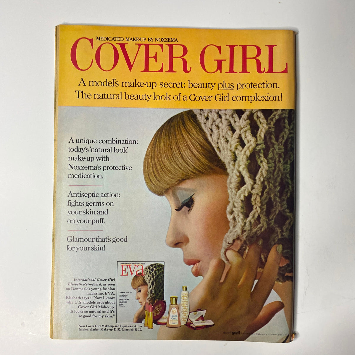 Cover Girl advertisement from a vintage magazine, promoting NOXZEMA medicated makeup, highlighting beauty and skin care trends from the era.