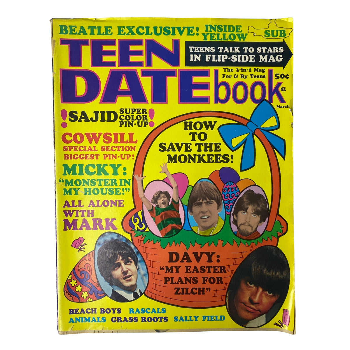Teen Date Book Magazine March 1968 cover featuring Davy Jones of The Monkees, colorful design with pin-up details and various teen magazine features.