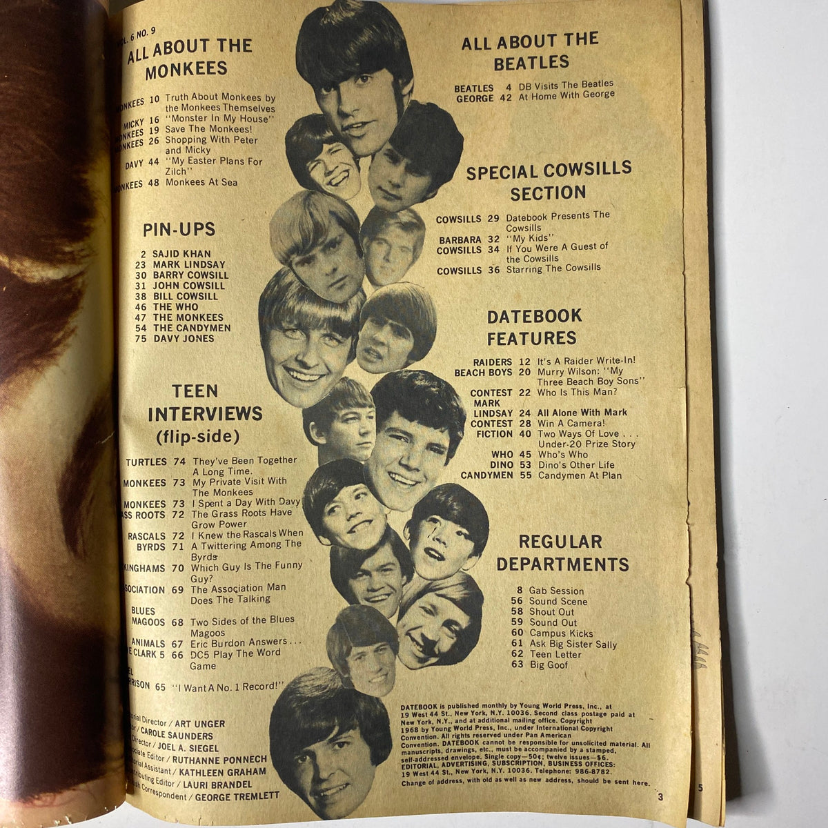 Interior page of Teen Date Book Magazine March 1968 showcasing all about The Monkees and other featured sections, including pin-ups and interviews.