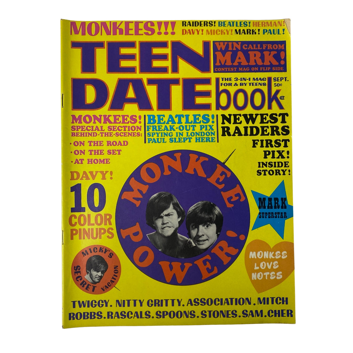 Teen Date Book Magazine September 1967 Vol 6 No. 4 featuring The Monkees, vibrant cover with colorful text and images representing the pop culture of the 1960s.