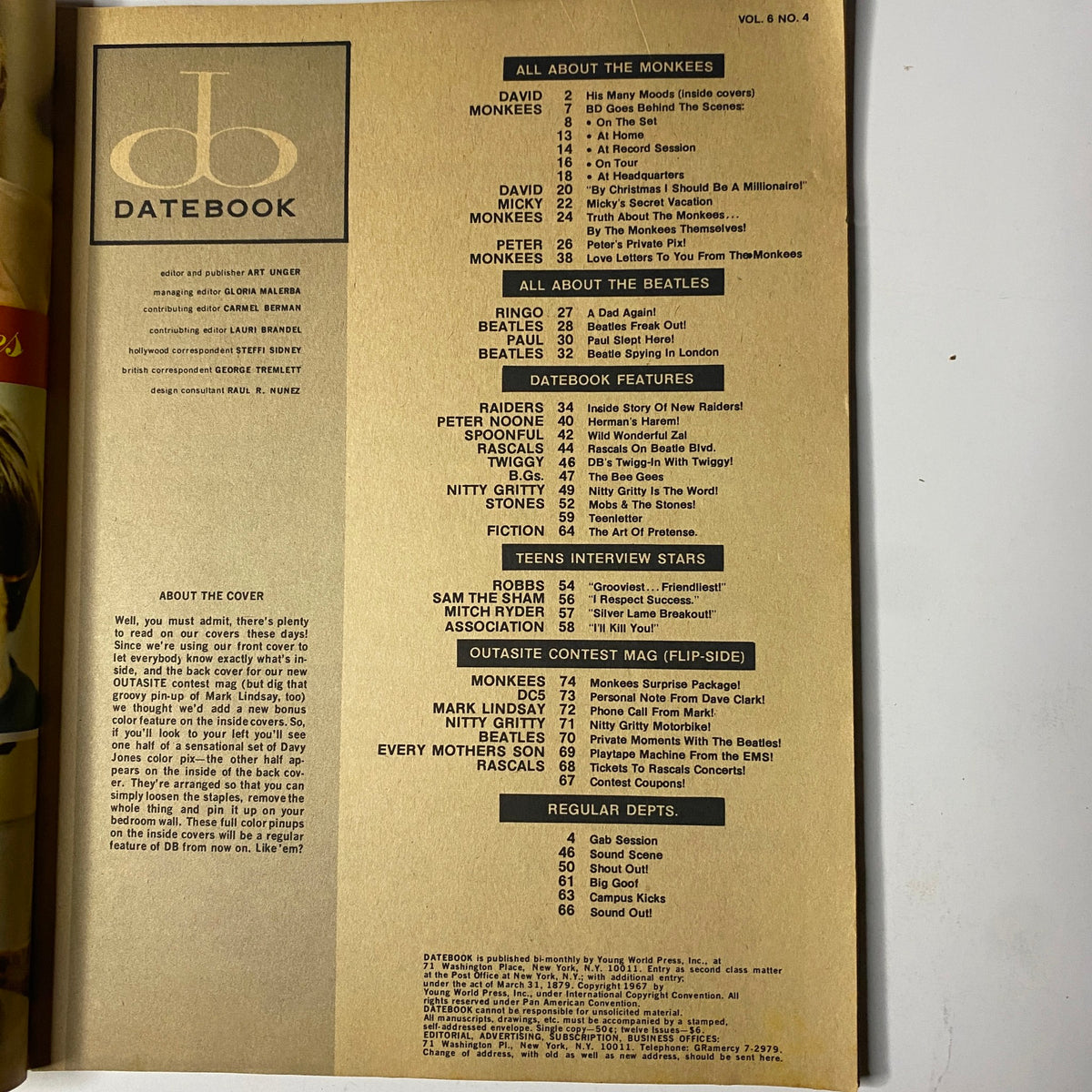 Interior page of Teen Date Book Magazine September 1967 Vol 6 No. 4, showcasing a table of contents with details about articles on The Monkees and The Beatles, displaying the magazine's key features.