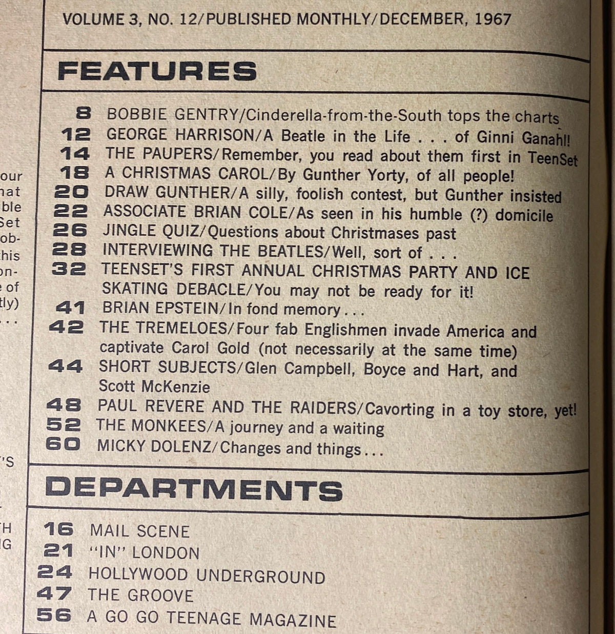 Table of contents for Teen Set Magazine December 1967 featuring George Harrison, Bobbie Gentry, and The Monkees. Highlights include seasonal features and interviews with pop idols, ideal for vintage magazine collectors.