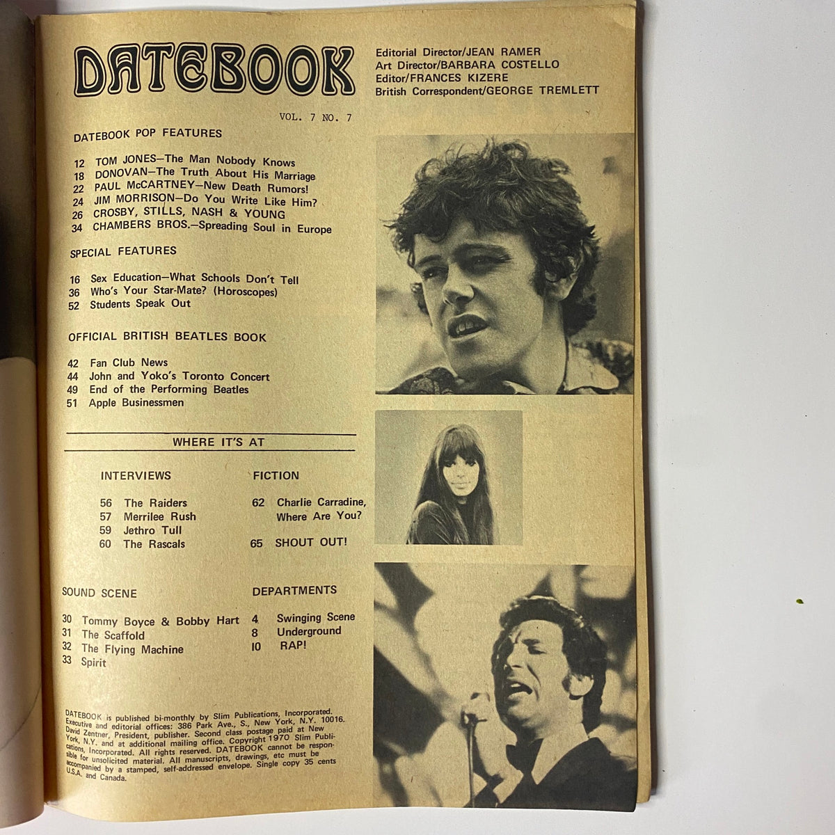 Inside page of Datebook Magazine March 1970 Vol 7 No. 7 showcasing the table of contents including articles about Tom Jones and other popular musicians.