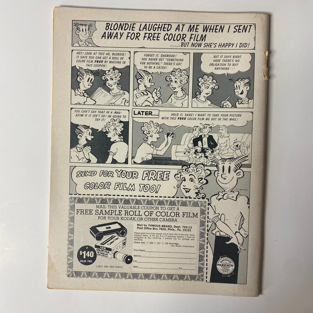 Back cover of the Datebook Magazine March 1970 Vol 7 No. 7 featuring a comic strip of Blondie character and an advertisement for a free color film coupon, capturing the vintage feel of the era.