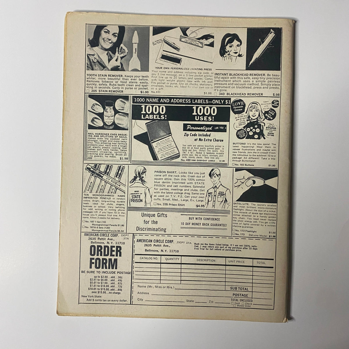 Inside back cover of Datebook Magazine January 1970 Vol 7 No 6 with advertisements for various products and a subscription form, reflecting the marketing style of the era.
