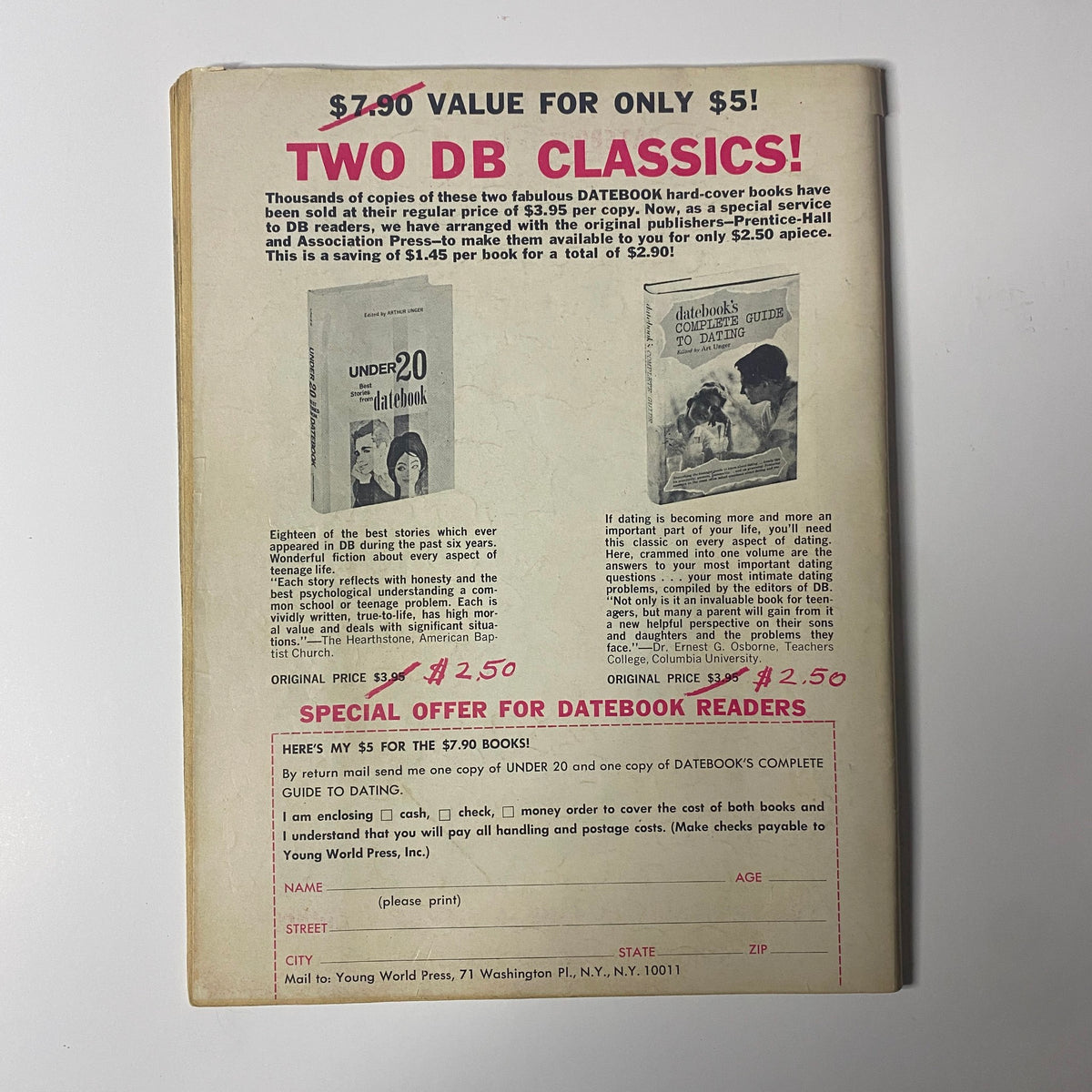 Back cover of Datebook Magazine Fall 1964 Vol 4 No. 12, advertising special offers and showcasing past editions of the magazine.