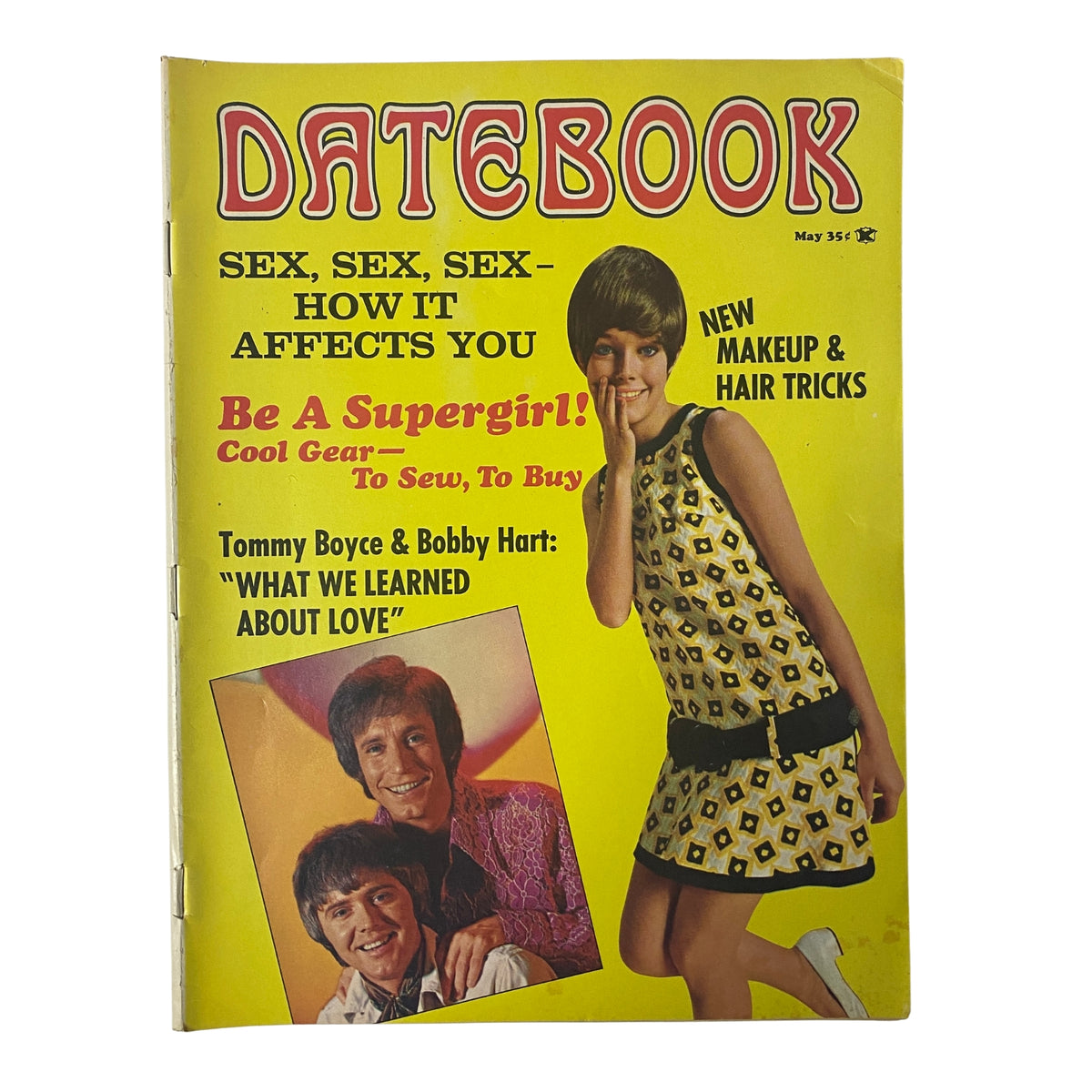 Cover of Datebook Magazine May 1970 featuring Tommy Boyce and Bobby Hart, highlighting topics on sex, fashion, and music culture.