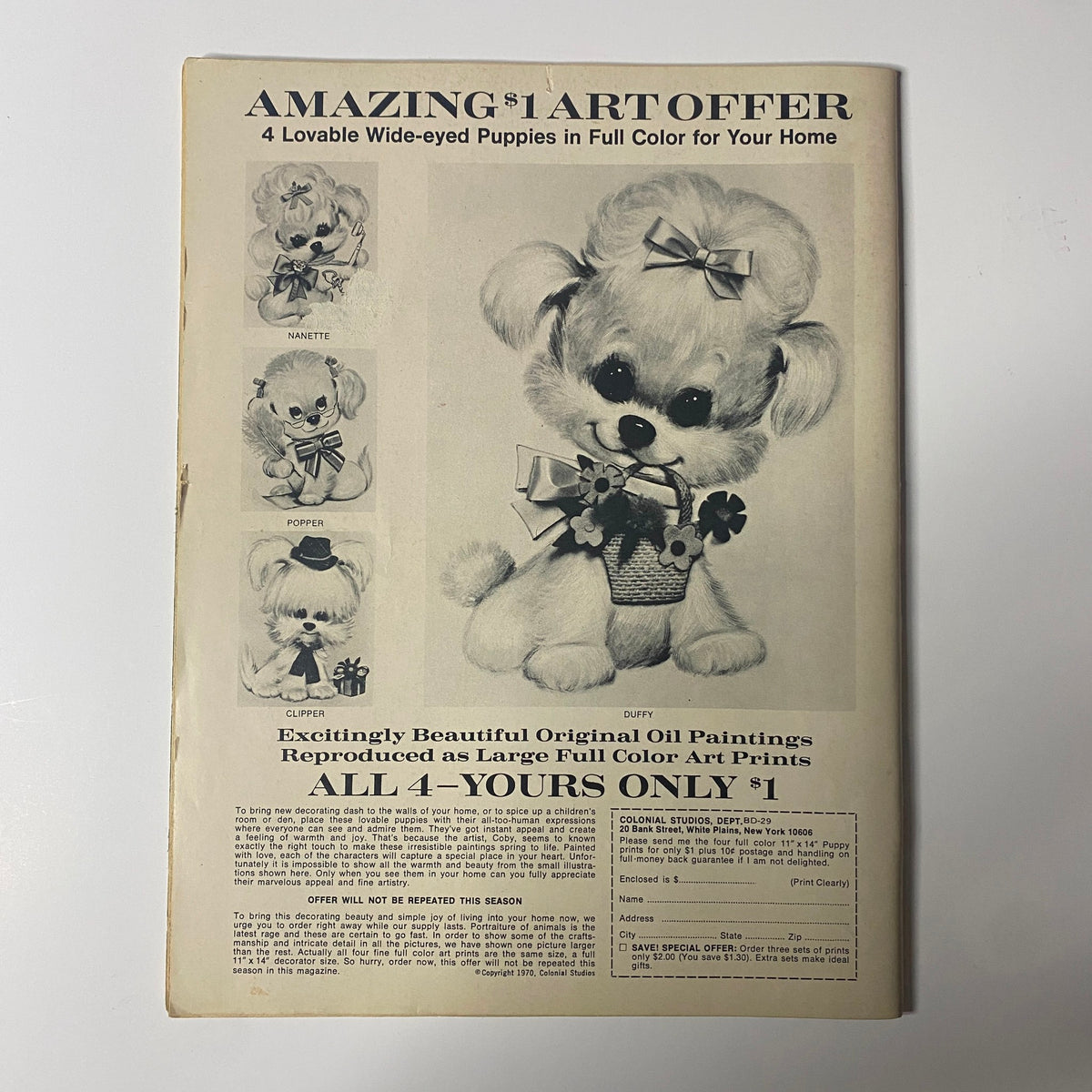 Back cover of Datebook Magazine September 1970 advertising a collection of art prints featuring lovable puppies, part of a promotional offer.