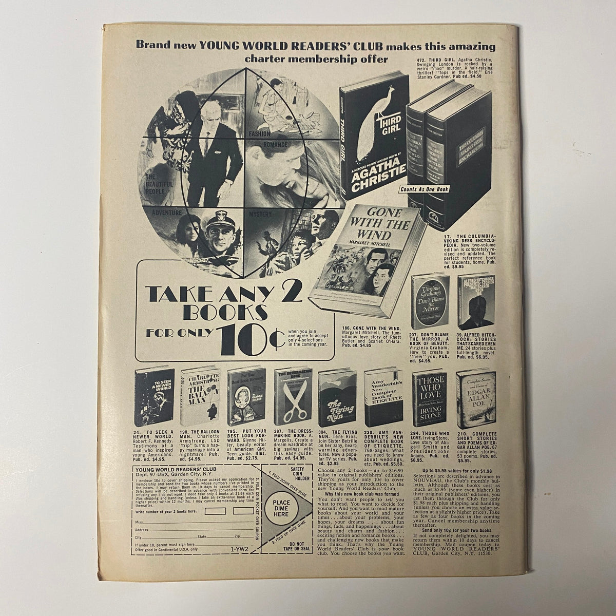 Advertisement for Young World Readers' Club from Datebook Magazine September 1969 Vol 7 No. 4, featuring book offers and prominent titles such as 'Gone with the Wind' and works by Agatha Christie.