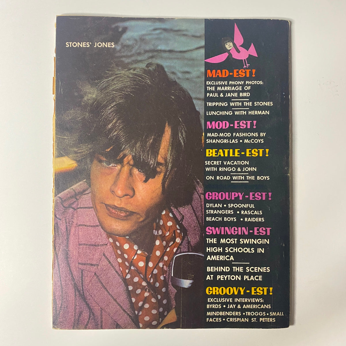 Cover of Datebook Magazine October 1966 Vol 5 No. 9 featuring John Lennon Controversy, showcasing an image of a male model with stylish attire and a colorful polka dot shirt, along with headlines related to The Beatles, groups, and fashion.