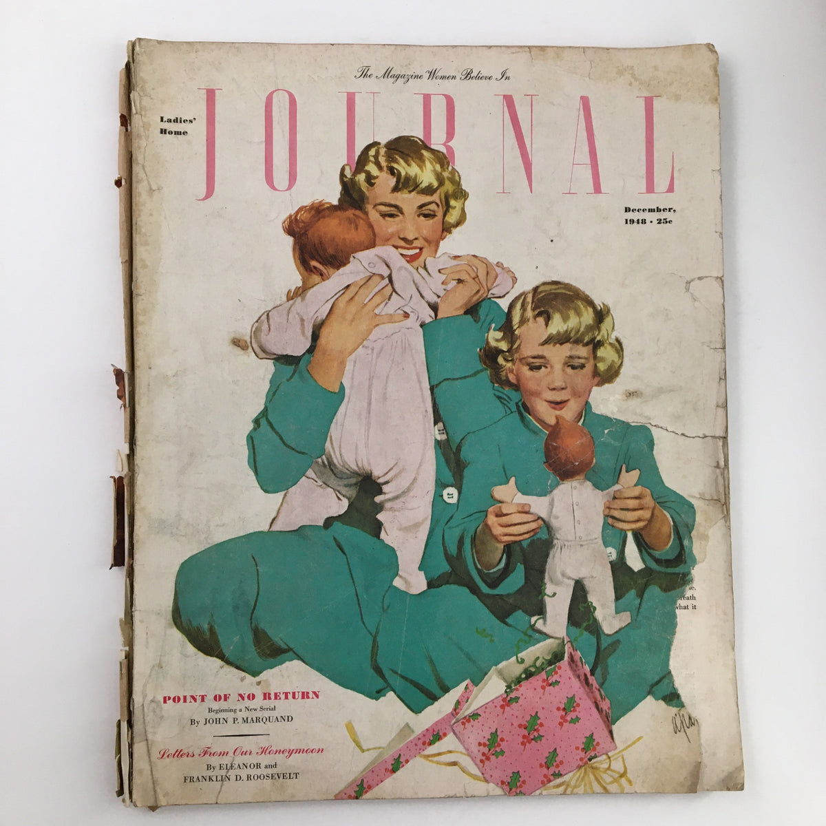 Cover of Ladies' Home Journal Magazine, December 1948, titled 'The Point of No Return', featuring a mother and two children, highlighting nostalgic themes of family and childhood.