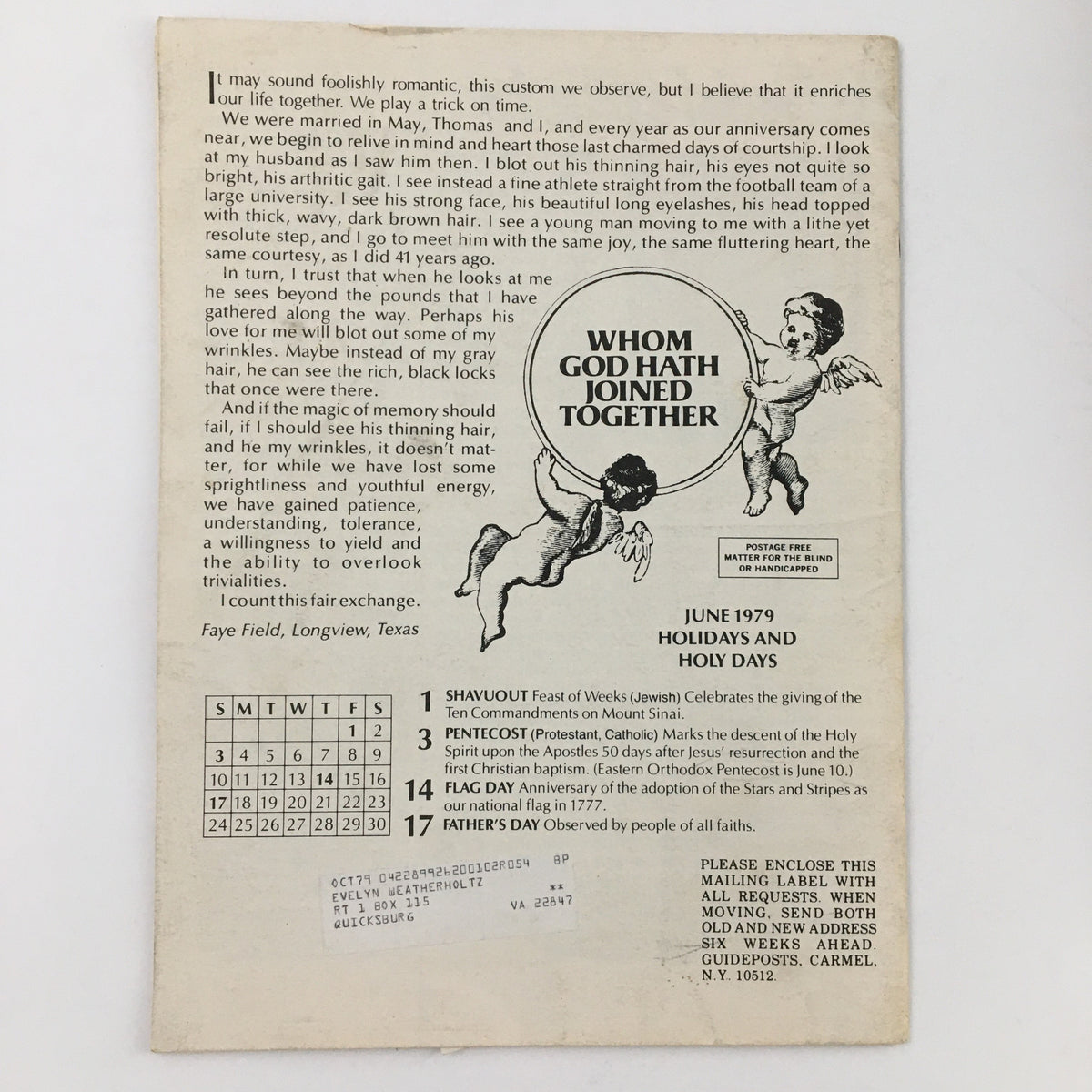 Back cover of Guideposts Magazine June 1979, showing holiday and holy day calendar, with a text excerpt discussing love and connection.