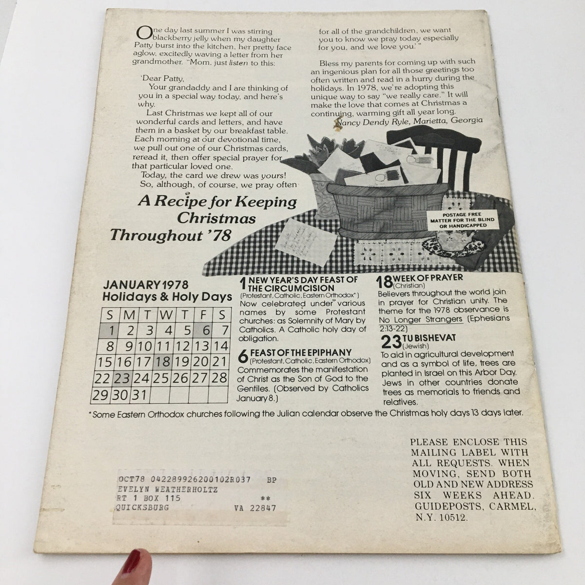 Back cover of Guideposts Magazine January 1978, displaying holiday calendar and recipe notes, providing insights into the cultural atmosphere of the time.