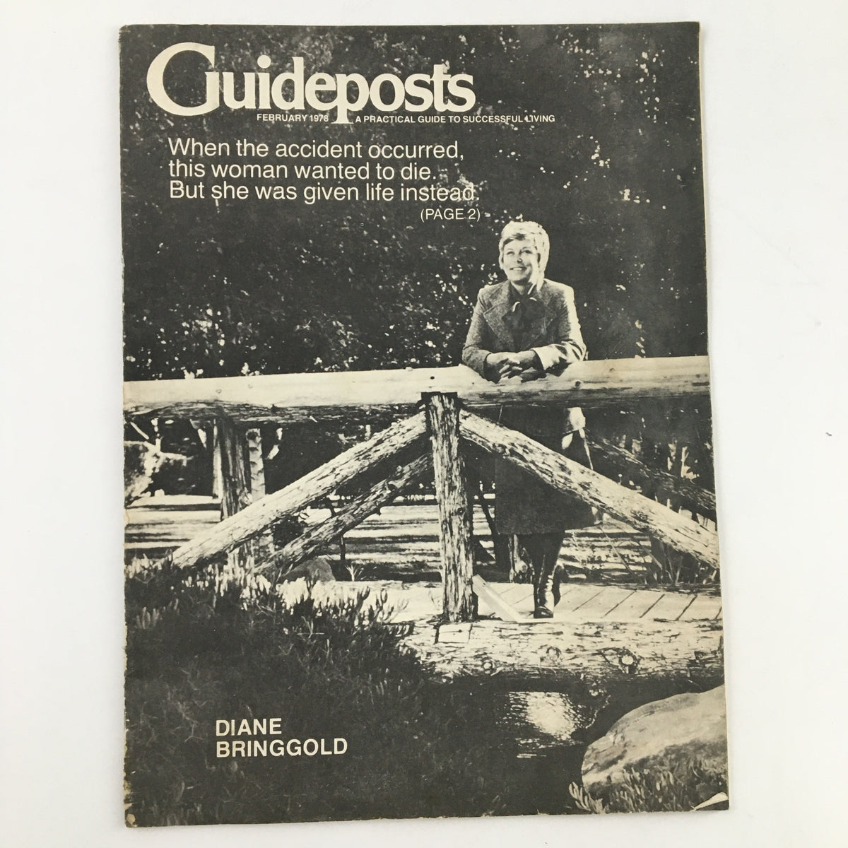 Guideposts Magazine February 1978 cover featuring the article 'Diane Bringgold Was Given Life Instead,' showcases a woman standing by a wooden rail in a natural setting.