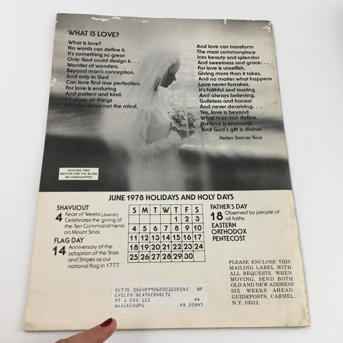 Back cover of Guideposts Magazine June 1978 featuring an inspirational poem about love, with a calendar of June 1978 holidays and holy days.