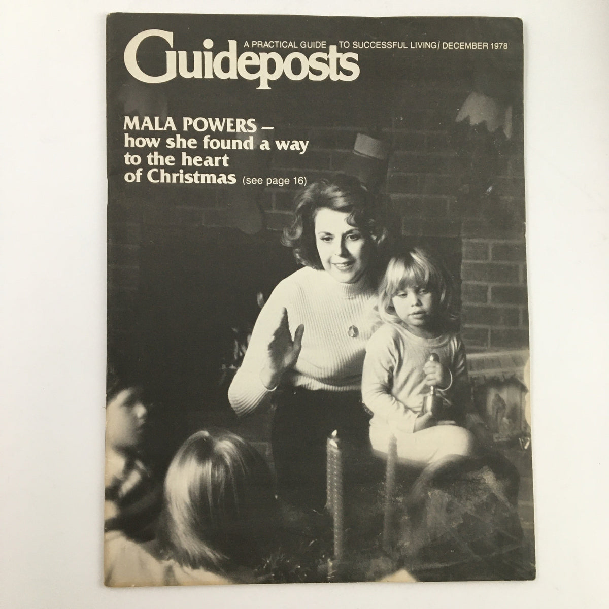 Cover of Guideposts Magazine December 1978 featuring Mala Powers titled 'Mala Powers - how she found a way to the heart of Christmas', depicting a cozy holiday scene with children and candles.