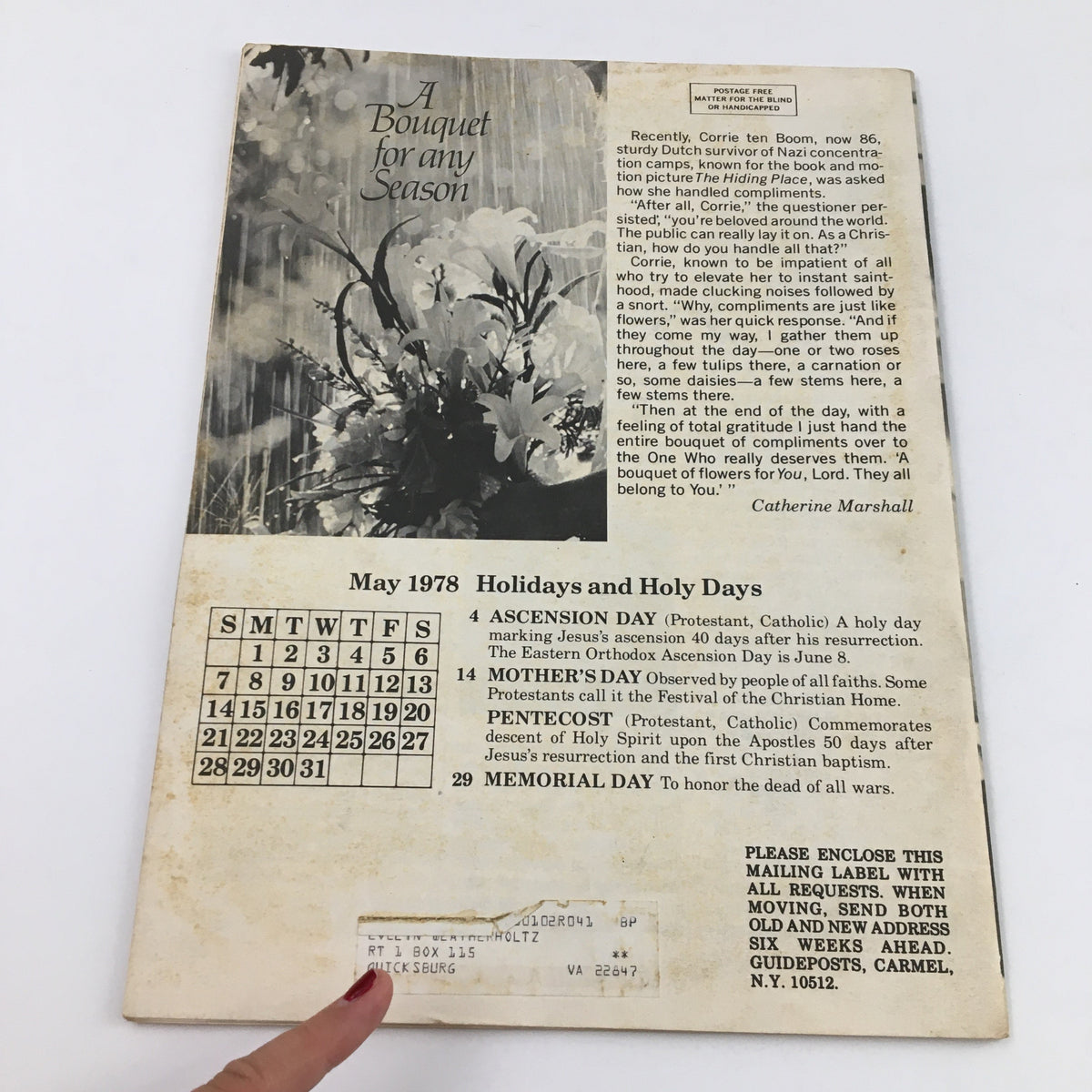 Back cover of Guideposts Magazine May 1978 showcasing an article titled 'A Bouquet for any Season' and a calendar of May 1978 holidays, along with mailing label details.