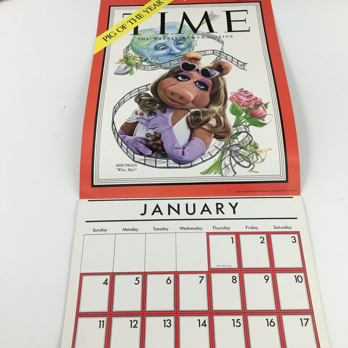 Jim Henson's Muppets Present The Miss Piggy Cover Girl Fantasy Calendar 1981. Calendar page for January featuring Miss Piggy on a mock Time magazine cover with a glamorous background.