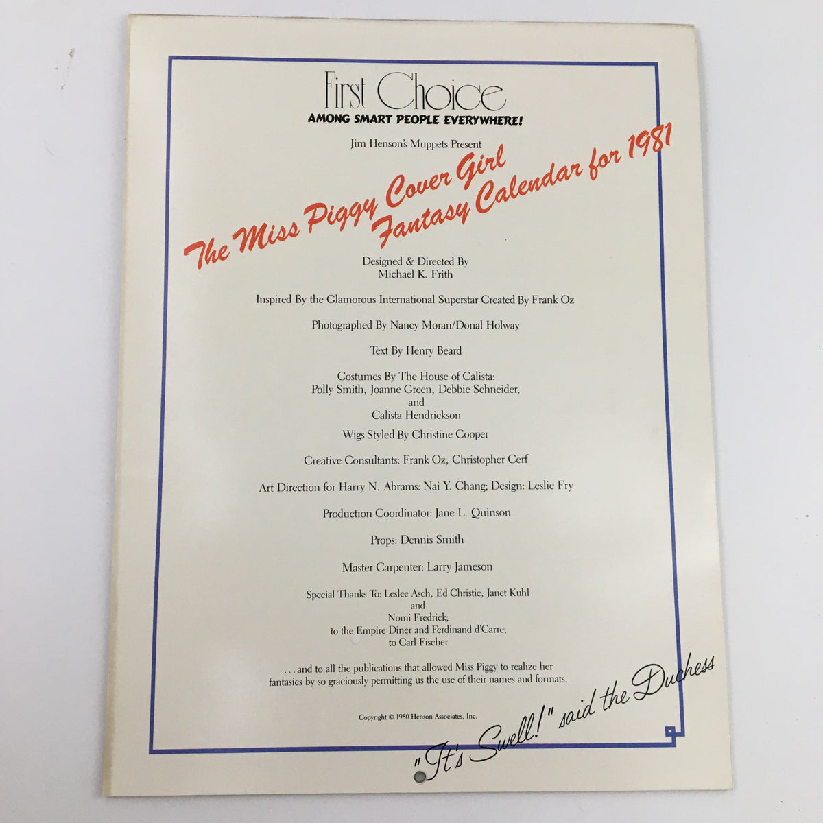 Jim Henson's Muppets Present The Miss Piggy Cover Girl Fantasy Calendar 1981, highlighting the back cover of the calendar with details of its design and production credits, featuring a signature from the character.
