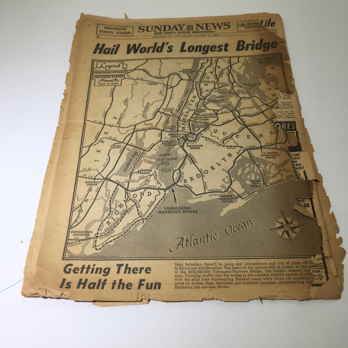 Map featured in the Vintage & Rare NY Daily News, November 15, 1964, illustrating routes to the 'World's Longest Bridge' - the Verrazzano-Narrows Bridge.