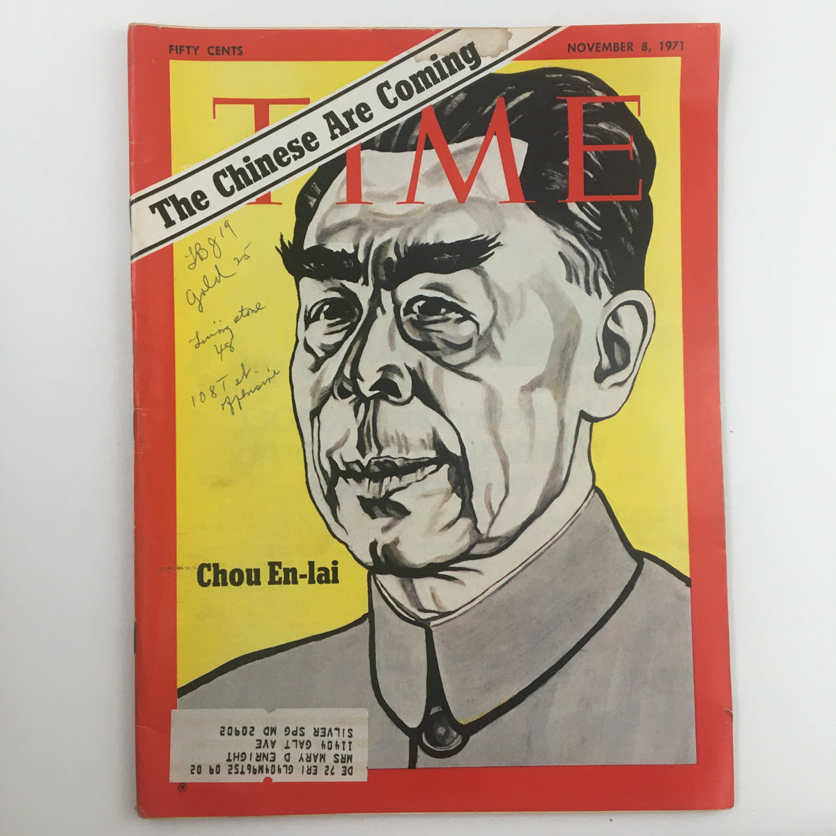Cover of Time Magazine, November 8, 1971, featuring the headline 'The Chinese Are Coming' and a portrait of Chou En-lai, significant for collectors of vintage publications.