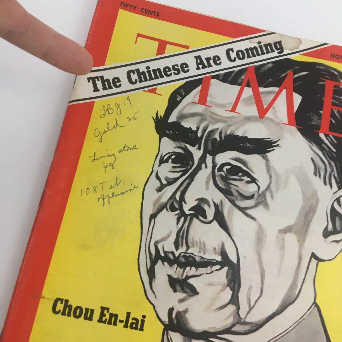 Close-up of the Time Magazine cover from November 8, 1971, highlighting the title 'The Chinese Are Coming' and handwritten notes alongside a portrait of Chou En-lai.