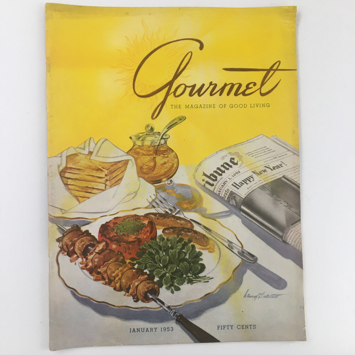 Cover image of Gourmet Magazine from January 1953 titled 'Gourmet: The Magazine of Good Living'. Features an illustration of a plated meal with skewers, vegetables, and bread, highlighted against a vibrant yellow background.