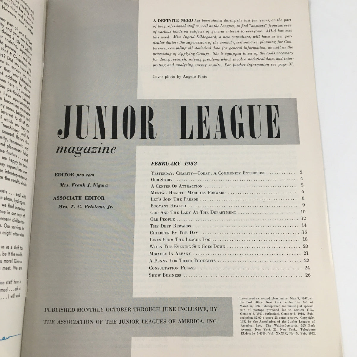 Interior page of Junior League Magazine February 1952 showcasing the editorial section and table of contents, highlighting articles including 'Mental Health Marches Forward'.
