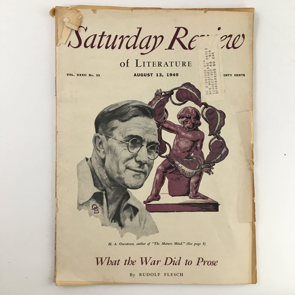 Cover of Saturday Review Magazine from August 13, 1949, featuring an illustration of H.A. Overstreet and a sculpture. The magazine's title and subtitle are displayed prominently.