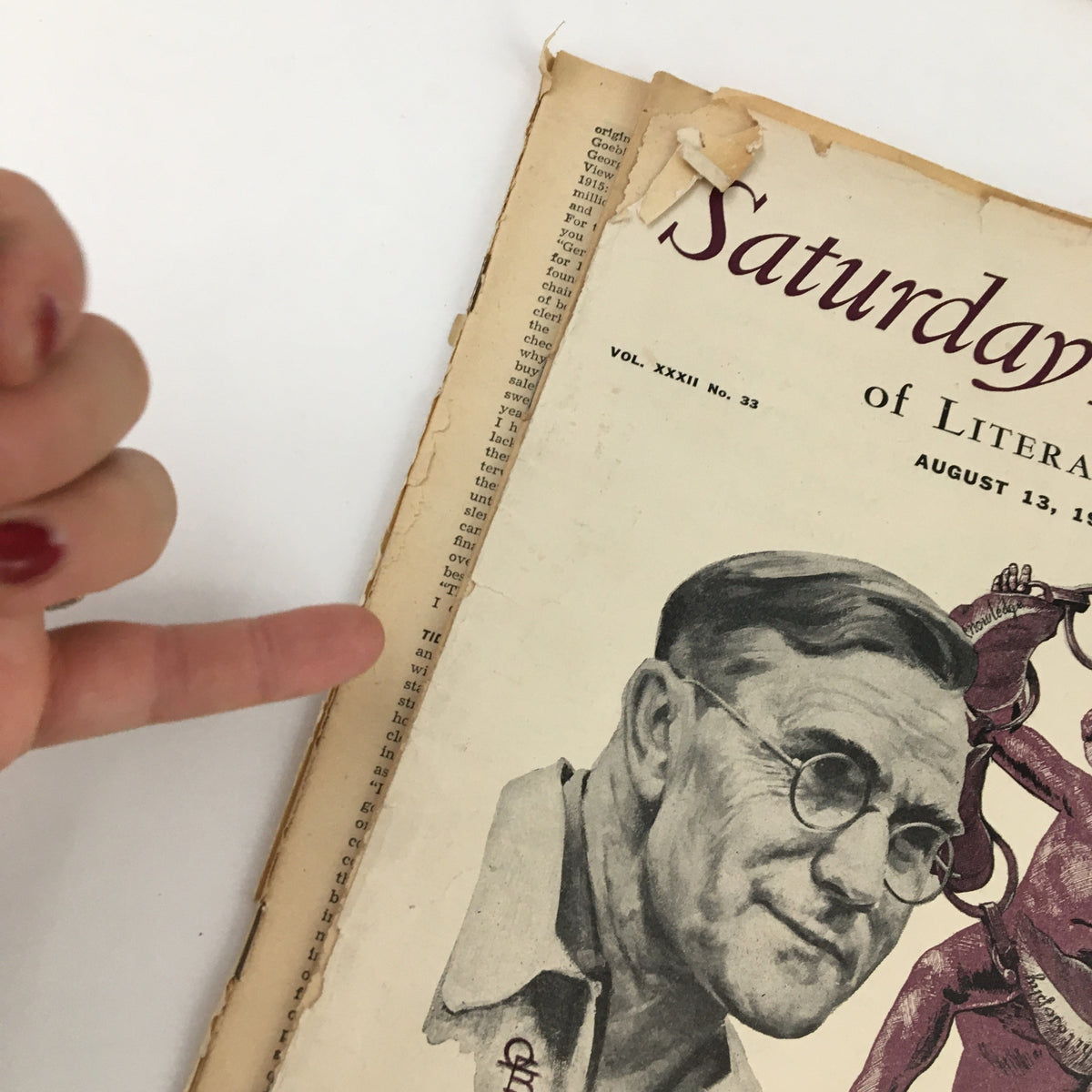Another angle of the Saturday Review Magazine cover from August 13, 1949, highlighting the illustration of H.A. Overstreet along with the magazine's title and publication details.