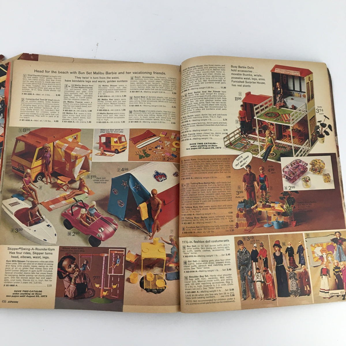 Vintage 1972 JCPenney Christmas Toys and Giftwares Price Guide Catalog page showcasing beach toys, Sun Set Malibu Barbie, and associated playsets.