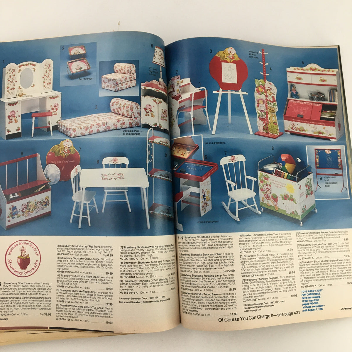 Inside pages of the 1982 JCPenney Christmas Toys and Strawberry Shortcake Price Guide Catalog, displaying children's furniture with floral designs.
