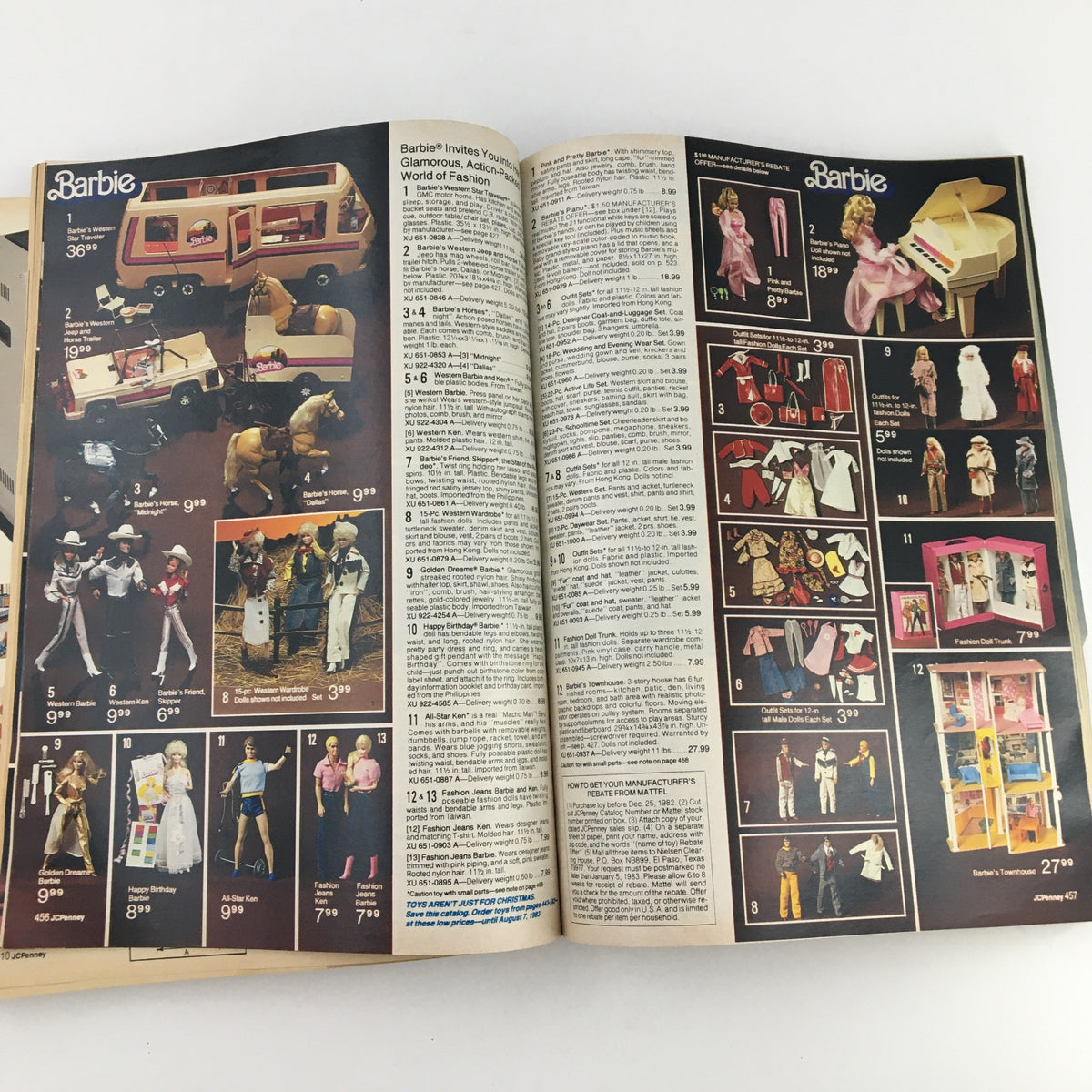 Inside pages of the 1982 JCPenney Christmas Toys and Strawberry Shortcake Price Guide Catalog, illustrating Barbie dolls and accessories.