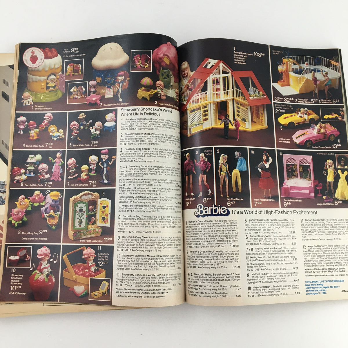 Inside pages of the 1982 JCPenney Christmas Toys and Strawberry Shortcake Price Guide Catalog, featuring Strawberry Shortcake toys and Barbie-themed products.