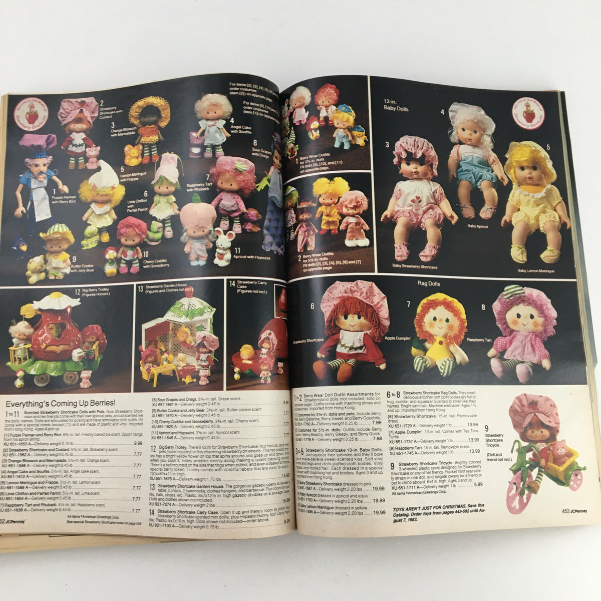 1982 JCPenney Christmas Toys and Strawberry Shortcake Price Guide Catalog page featuring various Strawberry Shortcake dolls and accessories.