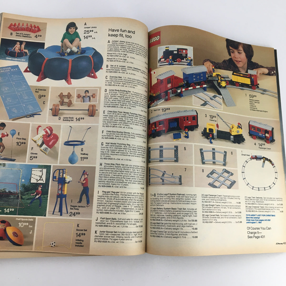 1982 JCPenney Christmas Toys and Strawberry Shortcake Price Guide Catalog page highlighting LEGO playsets and outdoor fitness toys.
