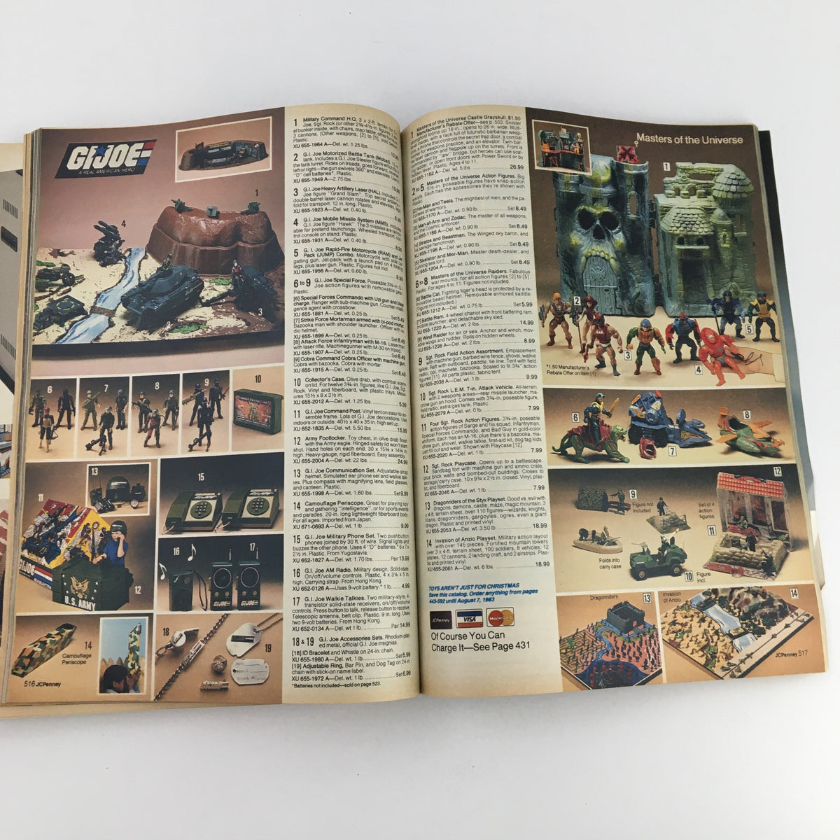 1982 JCPenney Christmas Toys and Strawberry Shortcake Price Guide Catalog page featuring G.I. Joe action figures and toys from the Masters of the Universe collection.