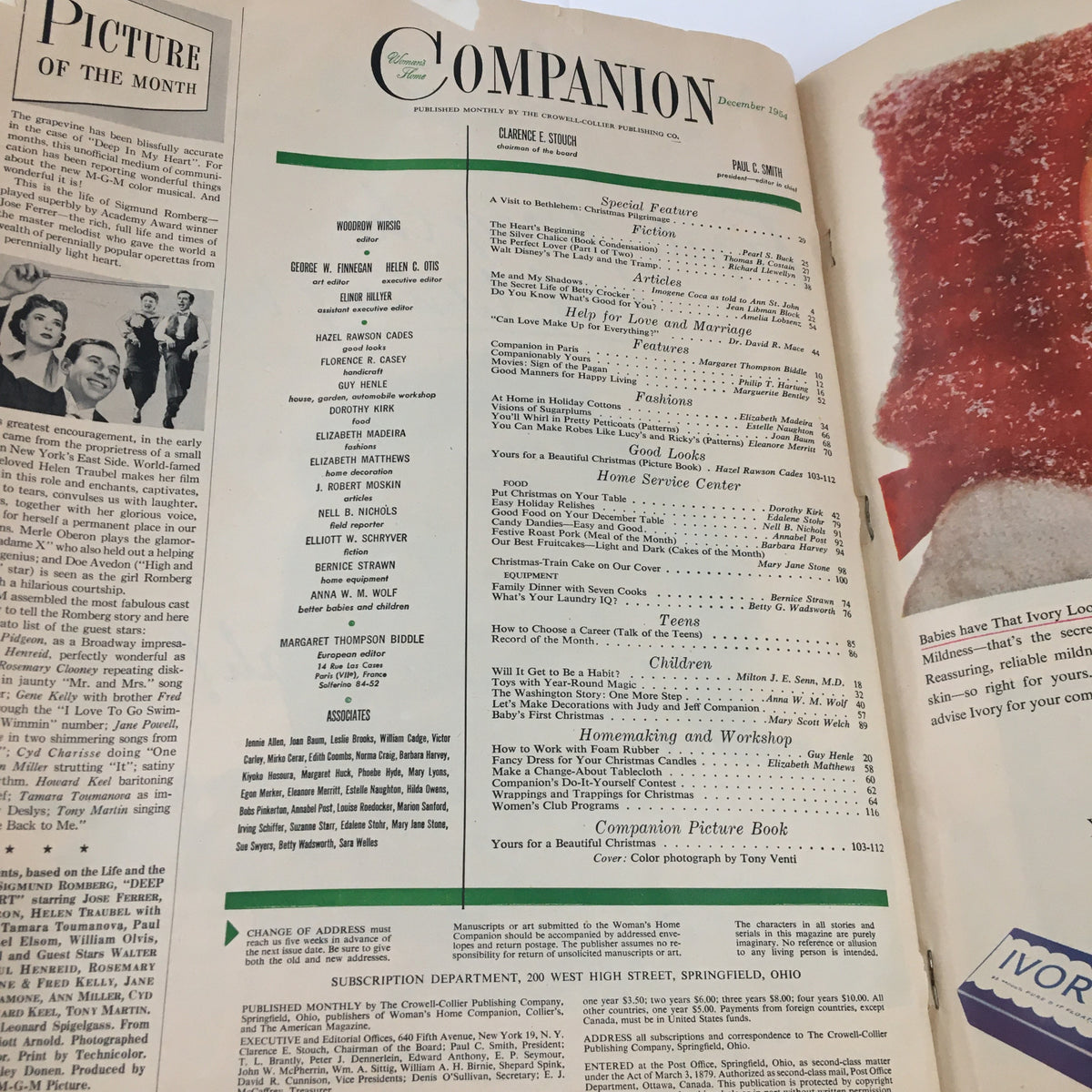 Interior page of Women's Home Companion Magazine December 1954 displaying the contents section, highlighting articles on fashion, household tips, and features related to Christmas celebrations.