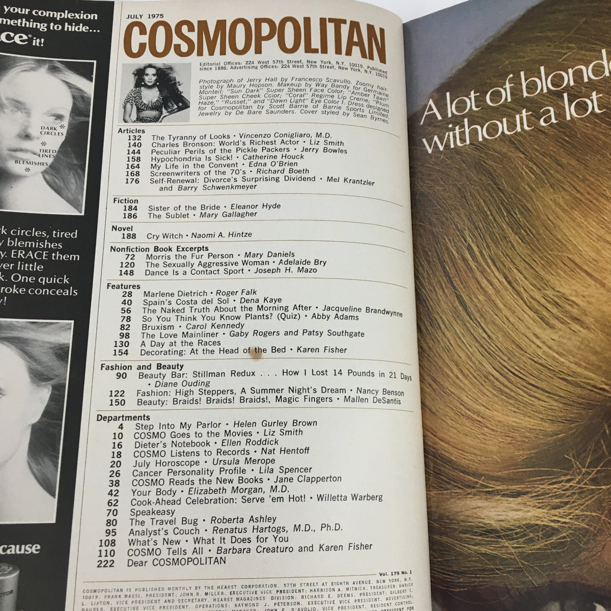 Interior page from Cosmopolitan Magazine July 1975 displaying the table of contents and various article titles relevant to the mid-1970s lifestyle.
