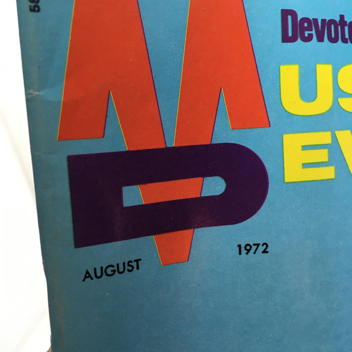 Detail shot of the August 1972 issue of Muscular Development, highlighting the publication month and year.