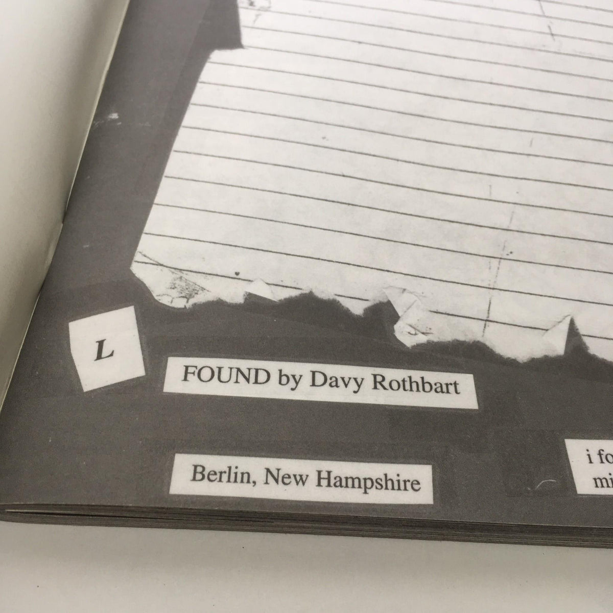 Inner page layout of Found Magazine #2 showcasing the title 'FOUND by Davy Rothbart' with a vintage torn paper effect and handwritten notes.