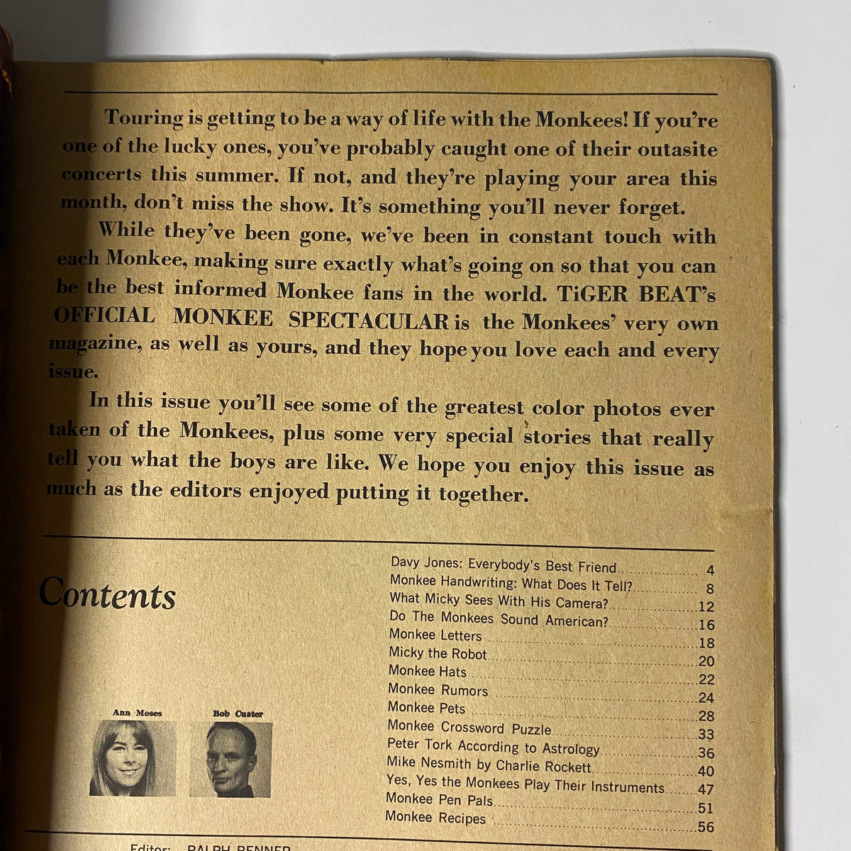 Interior page of Tiger Beat's Official September 1967 #5 Monkee Spectacular displaying the contents section and introduction.